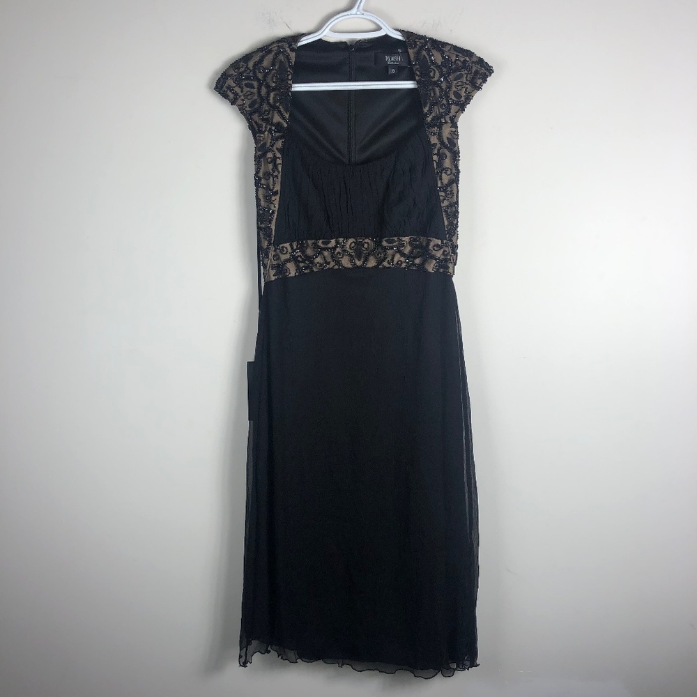 Tadashi Shoji Black Beaded Back Silk Dress Elegant 10 NWT